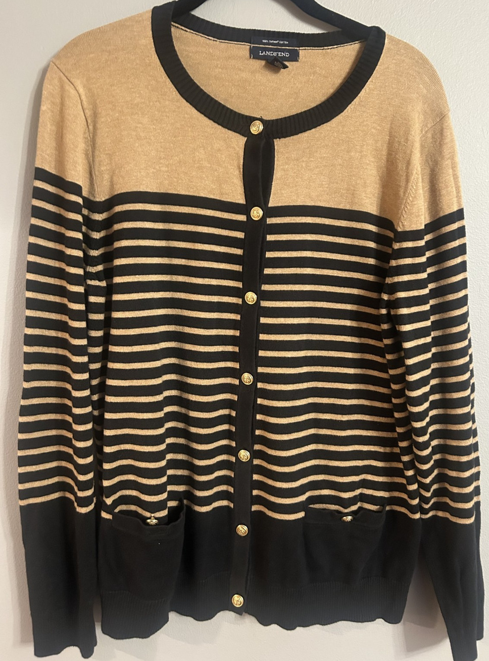 Lands' End Cardigan Women Bretton Stripe Nautical Supima Cotton Preppy Capsule L